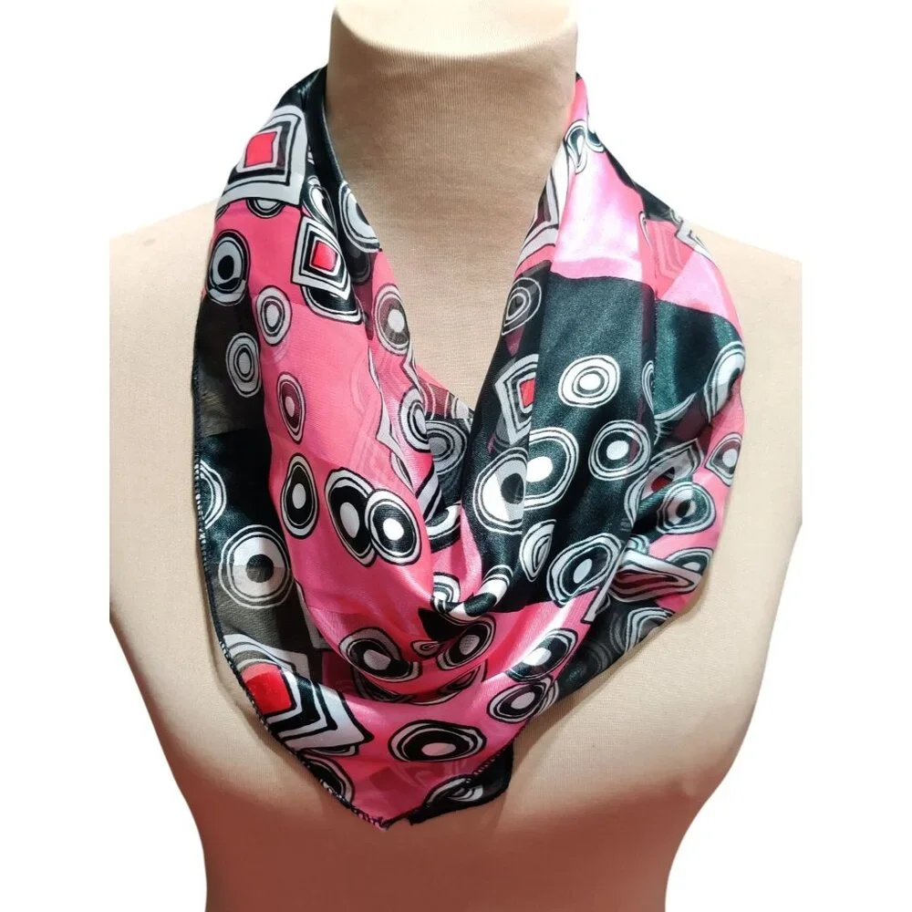 Womens Scarf Pink Black Geometric Print Lightweight Sheer Square Mod Retro Chic